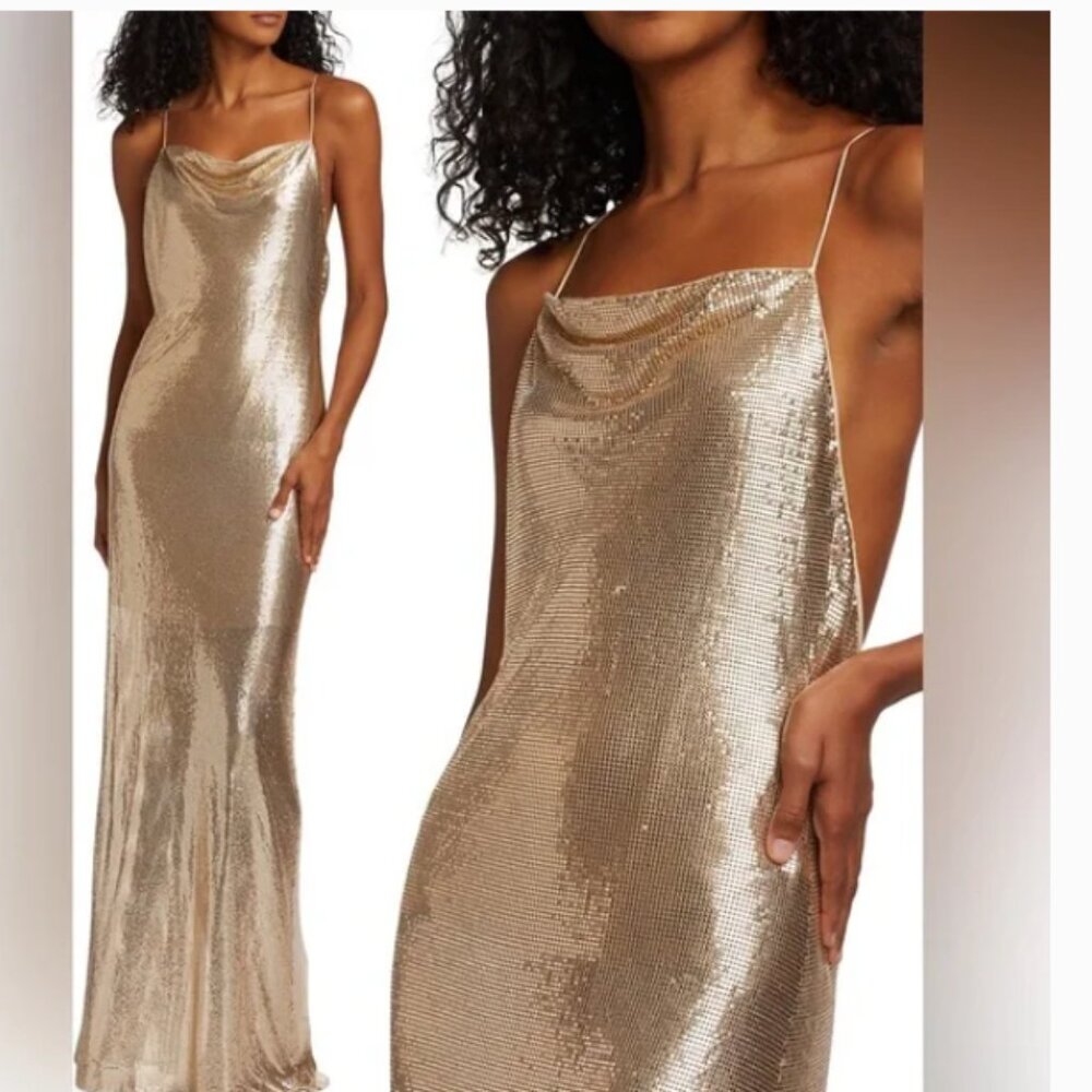Alice & Olivia Harmony Chainmail Maxi Dress Size 10 . Pale gold NWT